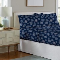 Pointehaven Flannel Deep Pocket Set With Oversized Flat Sheet Twin Snow Flakes Navy