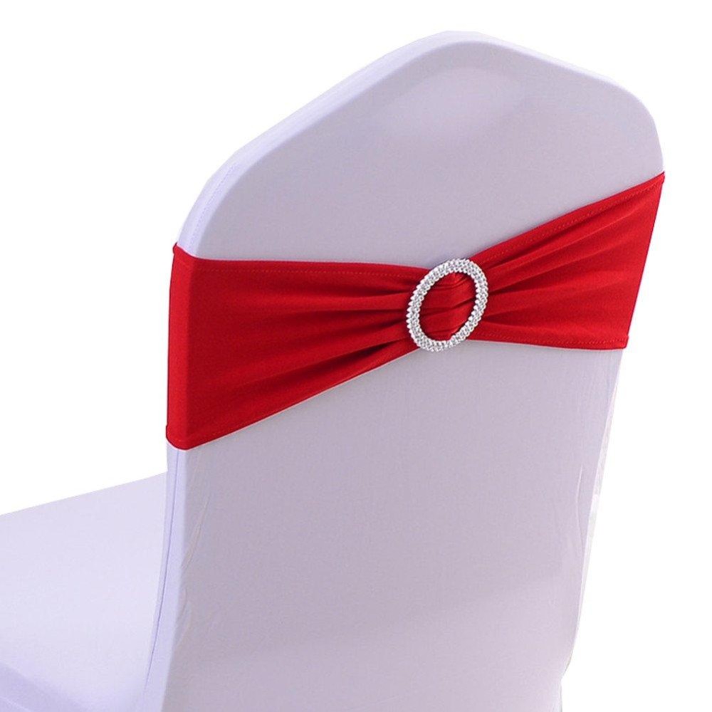 Spandex Chair Cover Stretch Band With Buckle Slider Sashes Bow Wedding Banquet Decoration 10Pcs (Red)