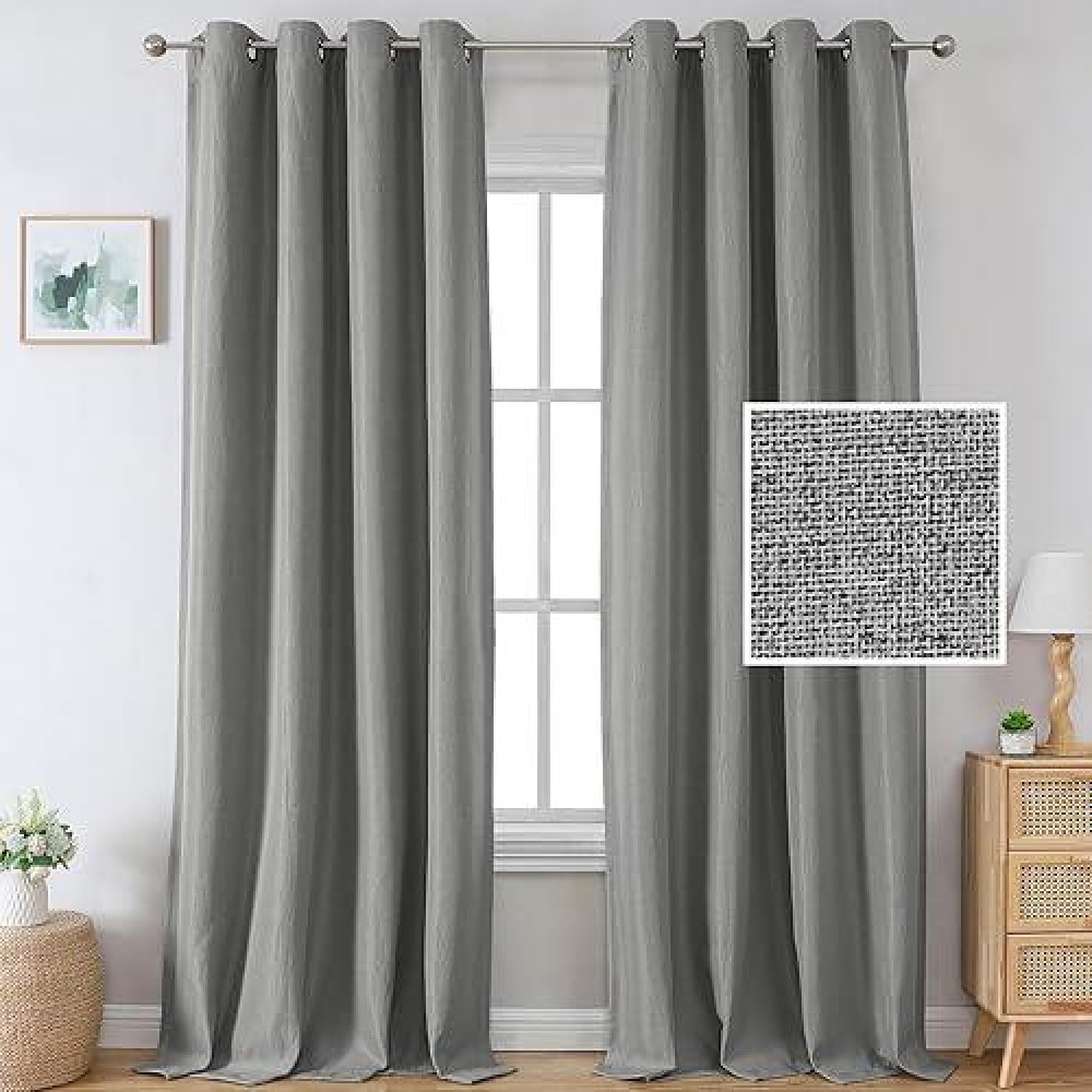 H.Versailtex Linen Blackout Curtains 84 Inches Long For Bedroom Linen Look Thermal Insulated Copper Grommet Drapes Panels Farmhouse Curtains For Living Room 2 Panels Set- Heather Grey