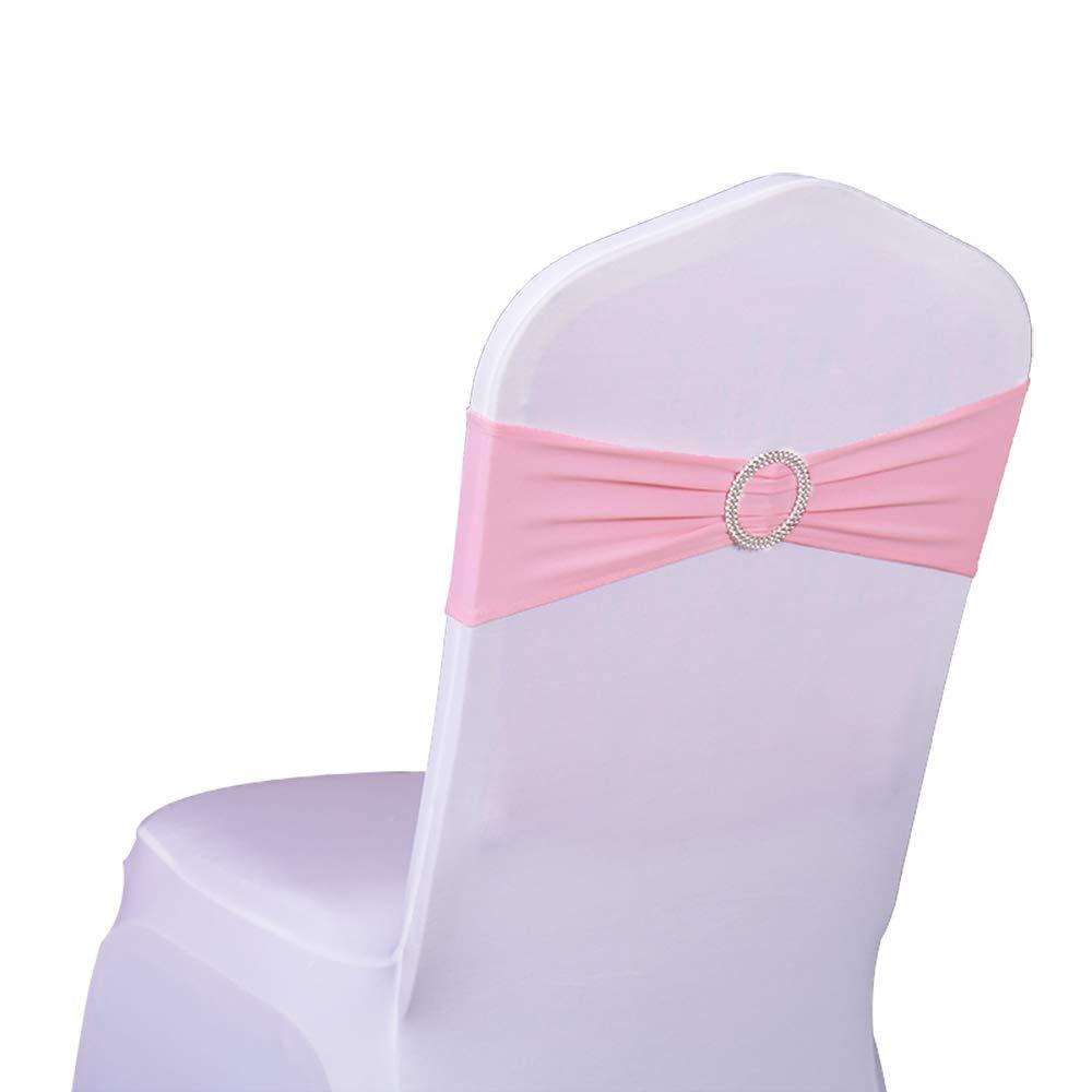 Sinssowl Pack Of 50Pcs Elastic Slider Chair Sashes Spandex Chair Cover Band Bows For Wedding Decoration-Pink