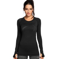 Crz Yoga Womens Seamless Athletic Long Sleeves Sports Running Shirt Breathable Gym Workout Top Black-Slim Fit Small