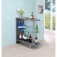 Rounded end adds an elegant feel to this glossy black bar unitClear tempered glass shelf adds stability for your choice of spiritsStorage features include two (2) tiers of shelving, including one (1) glass shelf with guardrails, and stemware racksSteel, M