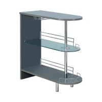 Rounded end adds an elegant feel to this glossy black bar unitClear tempered glass shelf adds stability for your choice of spiritsStorage features include two (2) tiers of shelving, including one (1) glass shelf with guardrails, and stemware racksSteel, M