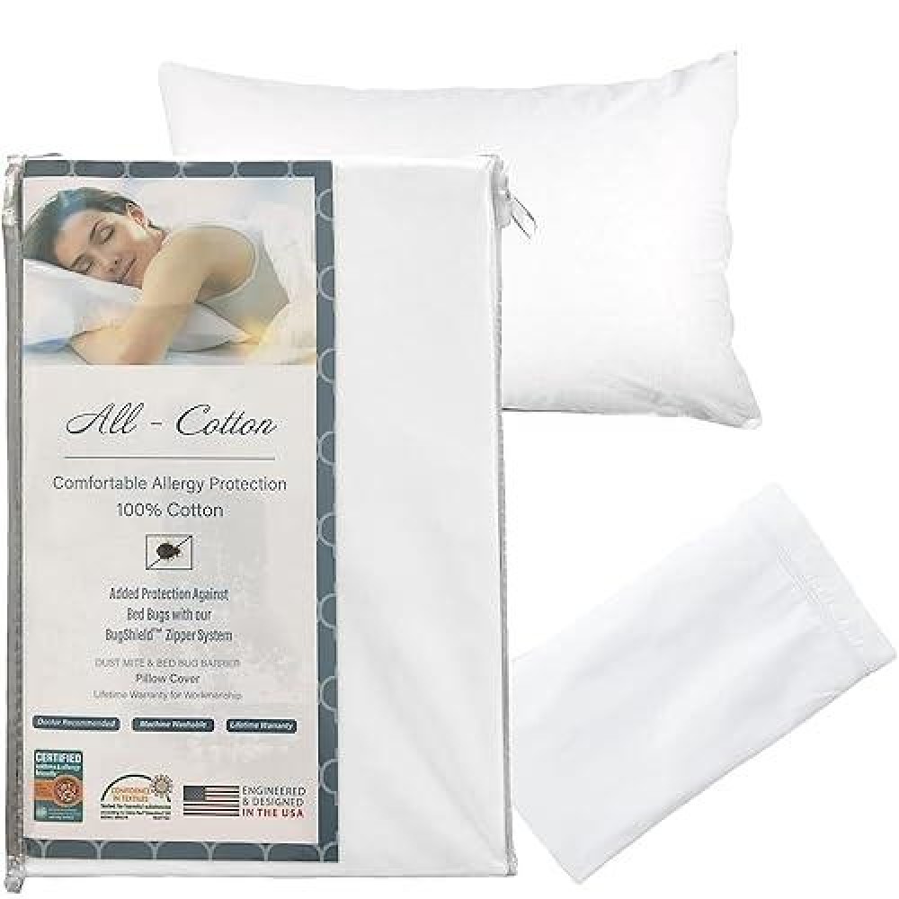 National Allergy Premium 100% Cotton Zippered Pillow Protector - Standard Size - White - 3 Pack - 300 Thread Count - Hypoallergenic Bed Pillowcase With Zipper - Breathable Encasement Cover