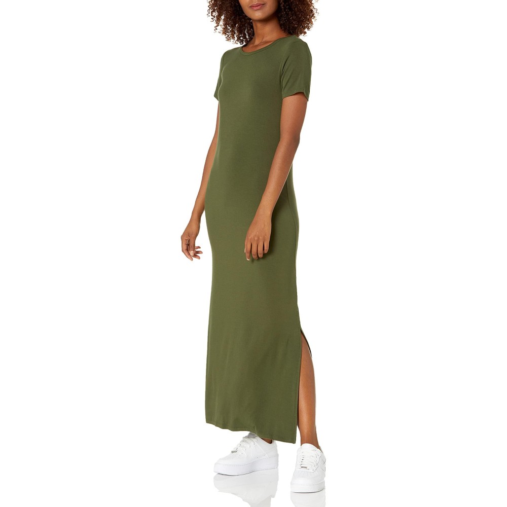 Amazon Essentials Womens Jersey Standard-Fit Short-Sleeve Crewneck Side Slit Maxi Dress (Previously Daily Ritual), Forest Green, X-Large