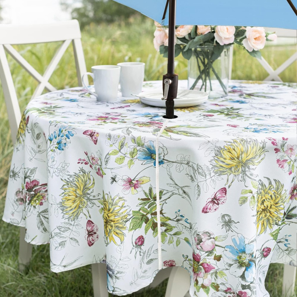 Benson Mills Spillproof Spring/Summer Fabric Outdoor Tablecloth With Umbrella Hole, Zippered Table Cloth For Round Tables, Picnic/Patio (Blooming Floral, 70