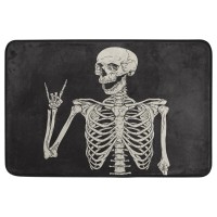 Pfrewn Halloween Doormat Home Decor Non Slip Washable Rock And Roll Skeleton Skull Boho Hippie Indoor Outdoor Entrance Bathroom