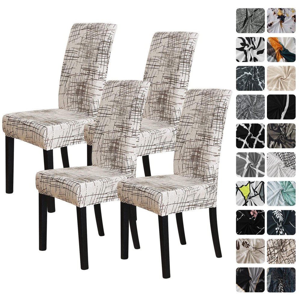 Forcheer Pattern Stretch Chair Covers For Dining Room Set Of 4,Printed Stretchable Dining Chair Slipcover Washable Removable For Kitchen,Hotel,Restaurant,Ceremony Universal Size(4Pcs,Linen Stripe)