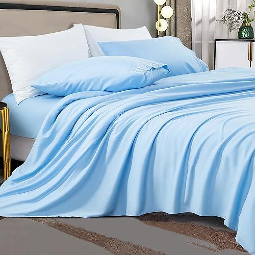 Shilucheng Queen Size Sheet Set - Breathable & Cooling Bed Sheets - Soft 1800 Thread Count Microfiber Hotel Sheets - Comfy Bedding 16 Inch Deep Pockets & Easy Fit - 4 Piece (Queen Lake Blue)