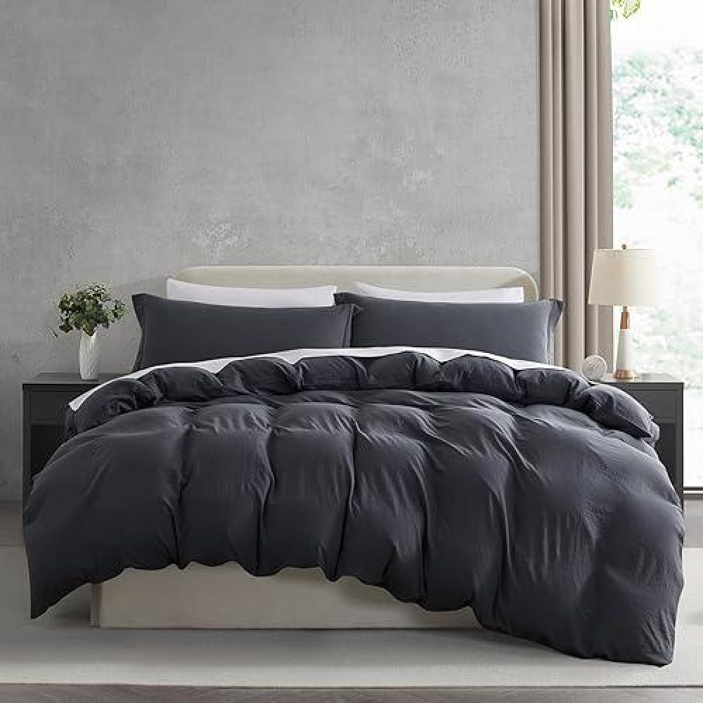 Nestl Dark Grey Duvet Cover Queen Size Soft Prewashed Queen Duvet Cover Set 3 Piece With Zipper Closure 1 Duvet Cover 90X90