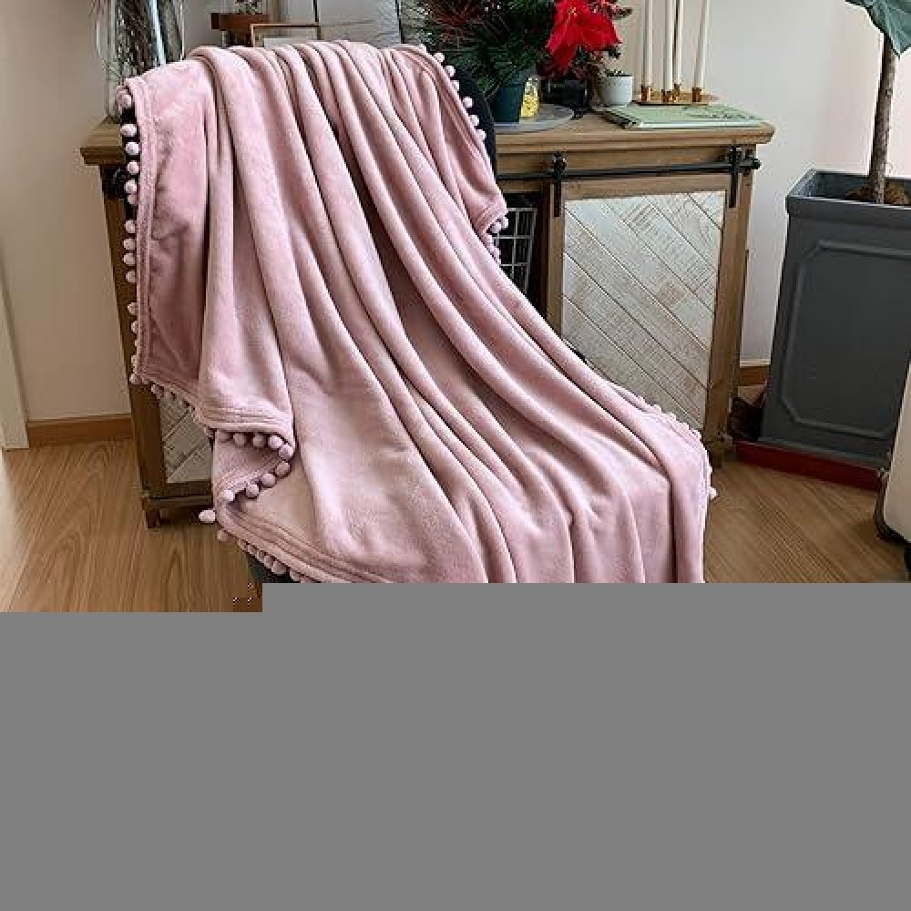 Lomao Flannel Blanket With Pompom Fringe Lightweight Cozy Bed Blanket Soft Throw Blanket Fit Couch Sofa Suitable For All Season