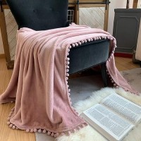 Lomao Flannel Blanket With Pompom Fringe Lightweight Cozy Bed Blanket Soft Throw Blanket Fit Couch Sofa Suitable For All Season