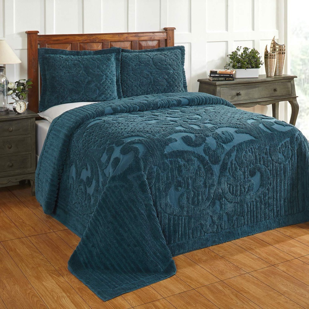 Better Trends Ashton collection 100 cotton chenille Bedspread Medallion Design Queen Size Floral Design Bed cover in Teal Tuf