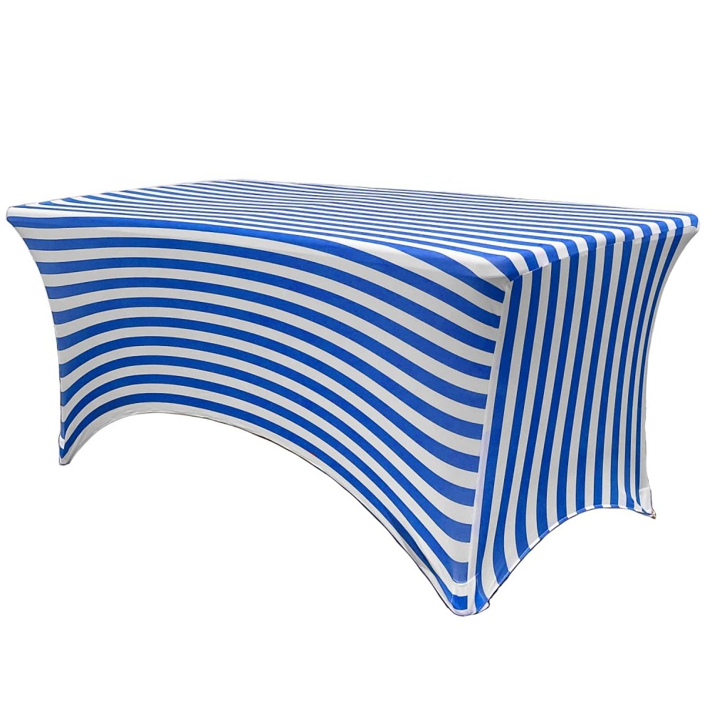 Your Chair Covers - 6 Ft Rectangular Fitted Spandex Tablecloths, Stretch Elastic Table Cover For Patio, Party, Birthday, Vendor, Dj, Massage Table - Royal Blue And White Striped