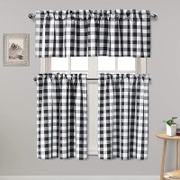 Hiasan 3 Piece Semi Sheer Black Kitchen Curtains Light Filtering Buffalo Checkered Tier And Valance Window Curtains Set