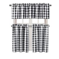 Hiasan 3 Piece Semi Sheer Black Kitchen Curtains Light Filtering Buffalo Checkered Tier And Valance Window Curtains Set