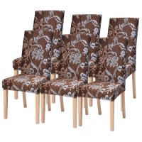 Searchi Dining Room Chair Covers Set Of 6, Stretch Printed Parsons Chair Slipcovers Removable Washable Kitchen Chair Protector Cover For Dining Room, Hotel, Ceremony (Brown+Flower)