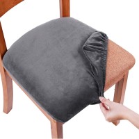 Smiry Original Velvet Dining Chair Seat Covers, Stretch Fitted Dining Room Upholstered Chair Seat Cushion Cover, Removable Washable Furniture Protector Slipcovers With Ties - Set Of 2, Dark Grey