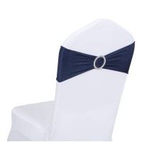 Obstal 50 Pcs Spandex Stretch Chair Sashes Bows For Wedding Reception- Universal Elastic Chair Cover Bands With Buckle Slider For Banquet, Party, Hotel Event Decorations Navy Blue Sashes