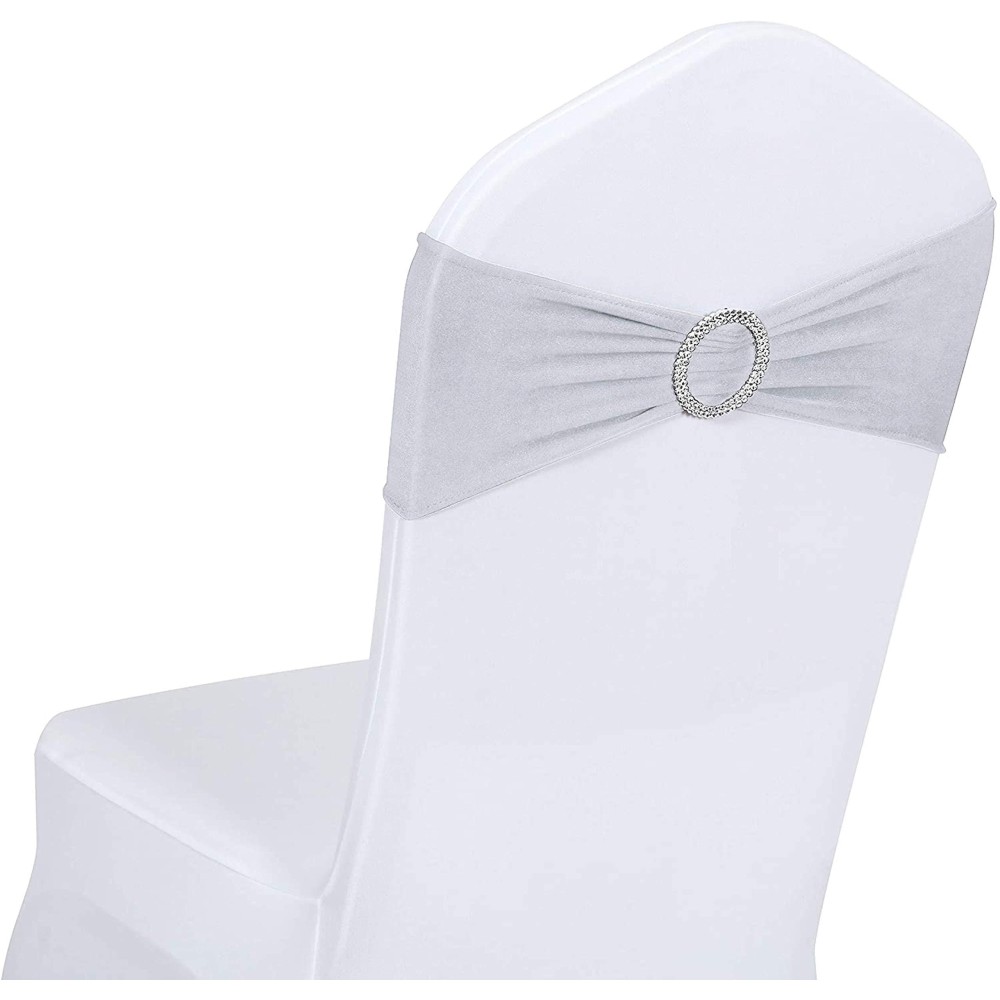 Obstal 50 Pcs Spandex Stretch Chair Sashes Bows For Wedding Reception- Universal Elastic Chair Cover Bands With Buckle Slider For Banquet, Party, Hotel Event Decorations Silver Sashes