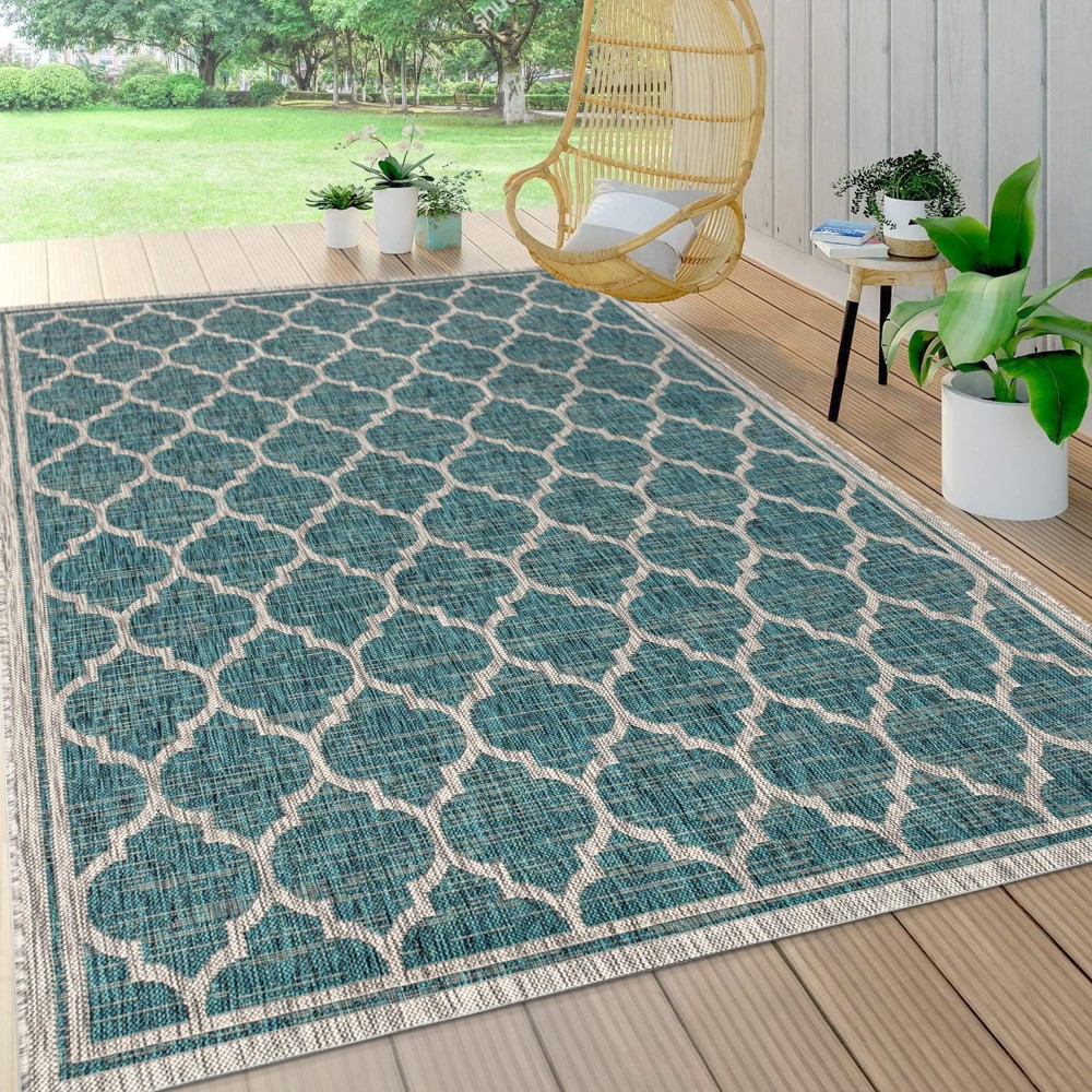 Jonathan Y Smb109E5 Trebol Moroccan Trellis Textured Weave Indooroutdoor Tealgray 5 Ft X 8 Ft Arearug Coastal Easycleani