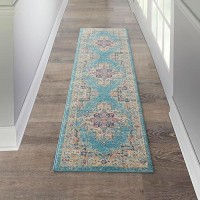 Nourison Passion Light Blue 22 X 76 Area Rug Boho Traditional Easy Cleaning Non Shedding Bed Room Living Room Hallw