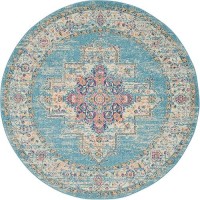 Nourison Passion Light Blue 4 X Round Area Rug Boho Traditional Easy Cleaning Non Shedding Bed Room Living Room Hallway