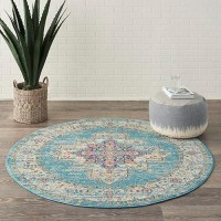 Nourison Passion Light Blue 4 X Round Area Rug Boho Traditional Easy Cleaning Non Shedding Bed Room Living Room Hallway