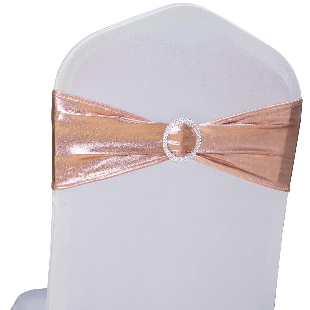 Sinssowl Pack Of 50Pcs Elastic Slider Chair Sashes Spandex Chair Cover Band Bows For Wedding Decoration-Rose Gold Pink Gold