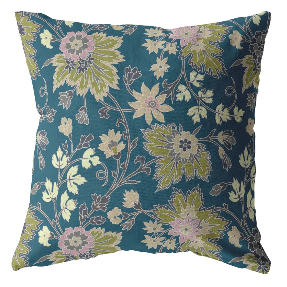 Friendly Flowers Broadcloth Indoor Outdoor Zippered Pillow Green