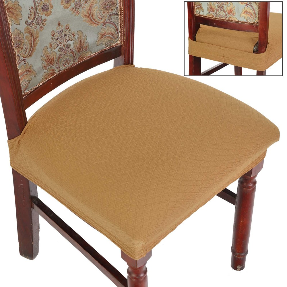 Buyue Fast Installation Dining Room Chair Covers Set Of 4, Luxury Stretch Jacquard Seat Slipcovers For Kitchen Armless Chairs, Rear Gapped- Ocher- 4