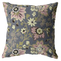 Friendly Flowers Broadcloth Indoor Outdoor Zippered Pillow Muted Pink And Gray