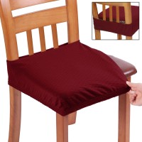 Buyue Fast Installation Dining Room Chair Covers Set Of 4, Luxury Stretch Jacquard Seat Slipcovers For Kitchen Armless Chairs, Rear Gapped- Burgundy- 4