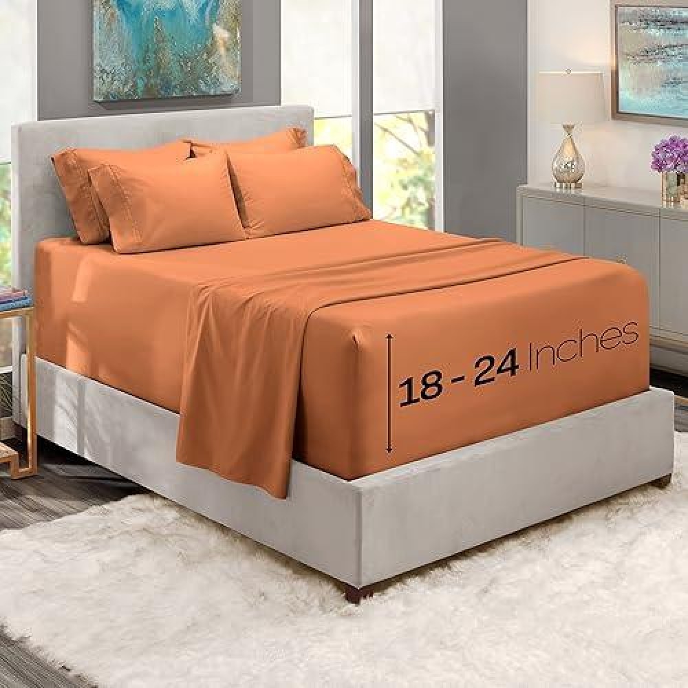 Nestl Sheet Set 6Pcs Soft Microfiber Extra Deep Pocket King Size Bed Linen Rust Sienna Orange Brown