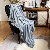 Lomao Flannel Blanket With Pompom Fringe Lightweight Cozy Bed Blanket Soft Throw Blanket Fit Couch Sofa Suitable For All Season