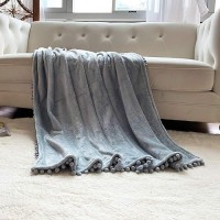 Lomao Flannel Blanket With Pompom Fringe Lightweight Cozy Bed Blanket Soft Throw Blanket Fit Couch Sofa Suitable For All Season