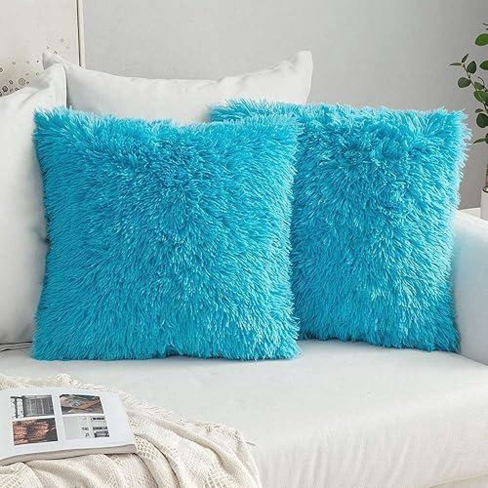 Miulee Pack Of 2 Luxury Faux Fur Fluffy Throw Pillow Covers Set Soft Deluxe Decorative Plush Fleece Pillowcases For Cushion Couch Sofa Bedroom Home 16 X 16 Inch Little Blue