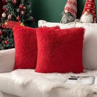 Miulee Pack Of 2 Christmas Decoration Luxury Faux Fur Throw Pillow Covers Deluxe Decorative Plush Pillow Case Cushion Cover Shell For Sofa Bedroom Car 20X20 Inch Red