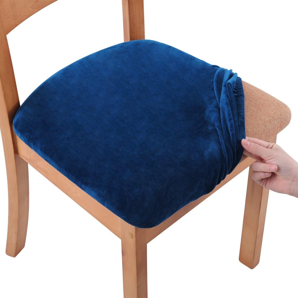 Smiry Original Velvet Dining Chair Seat Covers, Stretch Fitted Dining Room Upholstered Chair Seat Cushion Cover, Removable Washable Furniture Protector Slipcovers With Ties - Set Of 4, Federal Blue