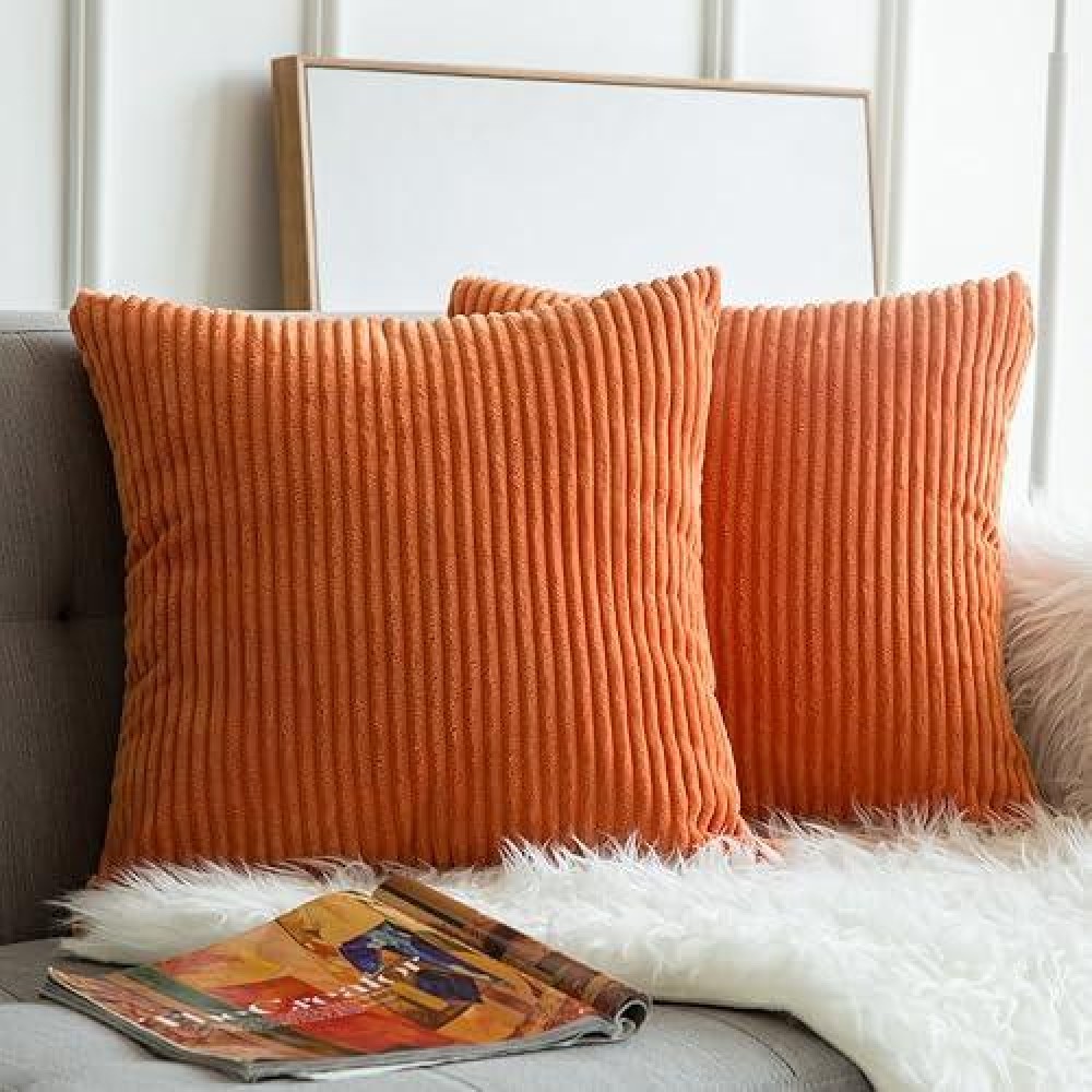 Miulee Pack Of Fall 2 Orange Pillow Covers 26X26 Inch Soft Striped Corduroy Throw Pillow Covers Set Decorative Square Cushion Ca