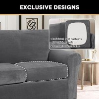 Real Velvet Stretch Chair Covers 2 Piece Armchair Cover Slipcovers - Include Base Cover And Cushion Cover - Sofa Covers Couch Covers 1 Seater Chair Slip Cover, Feature Thick Soft Velour, Grey