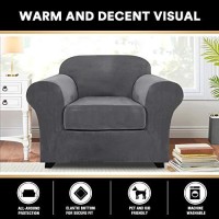 Real Velvet Stretch Chair Covers 2 Piece Armchair Cover Slipcovers - Include Base Cover And Cushion Cover - Sofa Covers Couch Covers 1 Seater Chair Slip Cover, Feature Thick Soft Velour, Grey