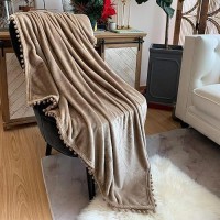 Lomao Flannel Blanket With Pompom Fringe Lightweight Cozy Bed Blanket Soft Throw Blanket Fit Couch Sofa Suitable For All Season