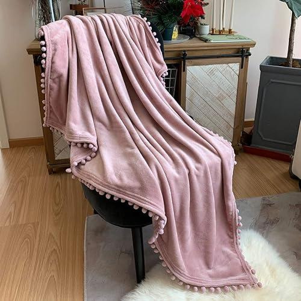 Lomao Flannel Blanket With Pompom Fringe Lightweight Cozy Bed Blanket Soft Throw Blanket Fit Couch Sofa Suitable For All Season