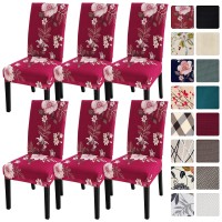 Searchi Dining Room Chair Covers Slipcovers Set Of 6, Spandex Super Fit Stretch Removable Washable Kitchen Parsons Chair Covers Protector For Dining Room,Hotel,Ceremony,Red+Flowers