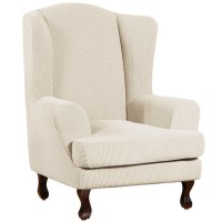 Turquoize Wingback?Chair?Covers 2 Piece?Wing?Chair?Slipcover Stretch Slipcovers For Wingback Chairs Wing Chair Cover Spandex Jacquard Fabric With Elastic Bottom Non-Slip Furniture Cover,Biscotti Beige