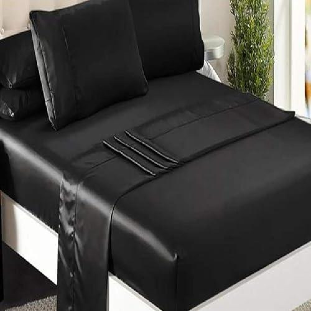 Satin King Bed Sheet Set 4 Pieces Black Silky Smooth Bridal Satin 15 Deep Pocket Fitted Flat 2 Pillow Cases Wrinkle Stain F