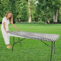 Fitted Rectangular Tablecloth For Folding Table - Size 32 X 72 Inch - (180 X 75 Cm) Plastic Vinyl Backed With Elastic Rim For 6 Foot - For Christmasparties,Picnic,(Black And White Plaid)