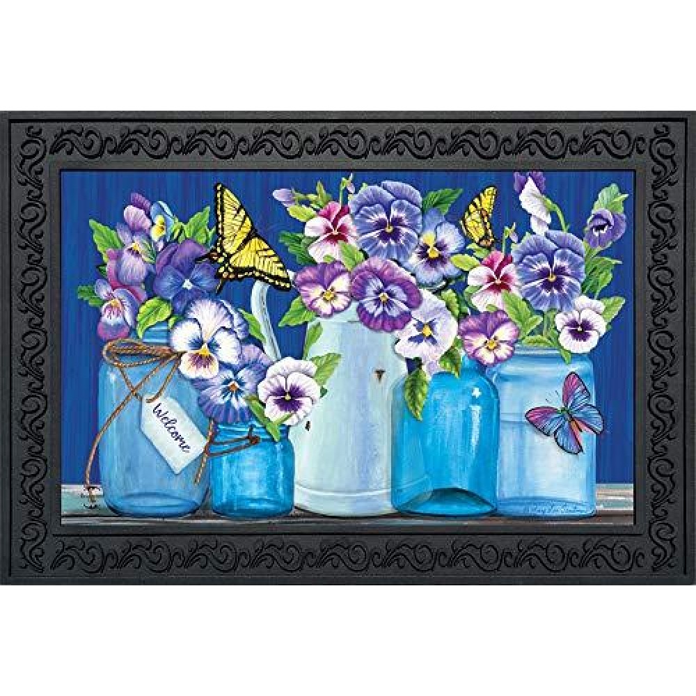 Butterflies And Pansies Spring Doormat Mason Jars Indoor Outdoor 30 X 18