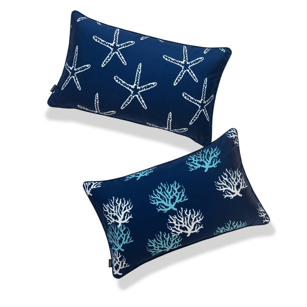 Hofdeco Beach Nautical Indoor Outdoor Lumbar Pillow Cover Only, Water Uv Resistant For Patio Lounge Sofa, Navy Blue Living Coral Starfish, 12